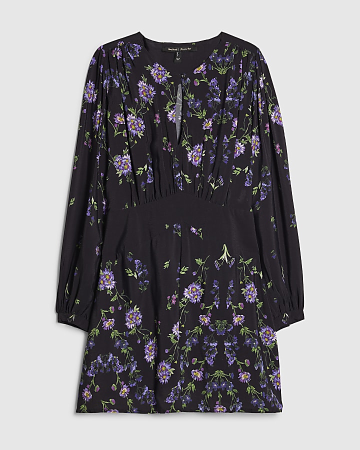 Black Floral Shaped Waist Mini Dress