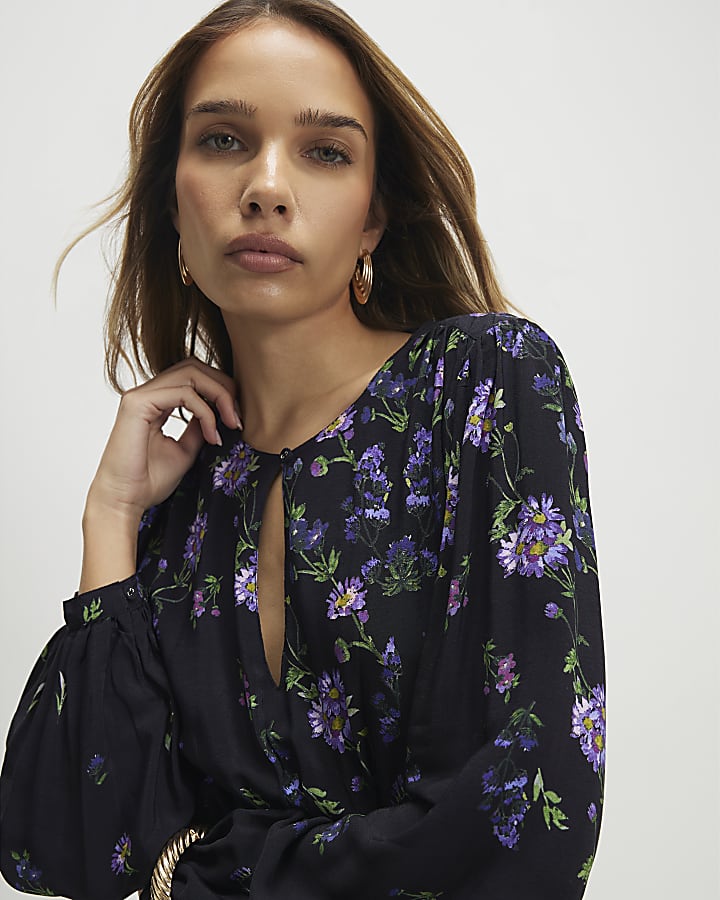 Black Floral Shaped Waist Mini Dress