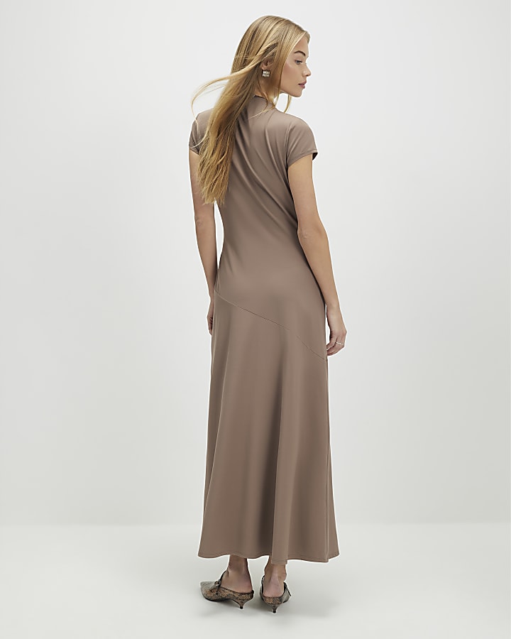 Beige Short Sleeve High Neck Maxi Dress