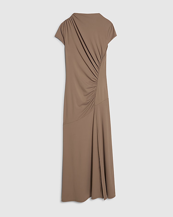 Beige Short Sleeve High Neck Maxi Dress