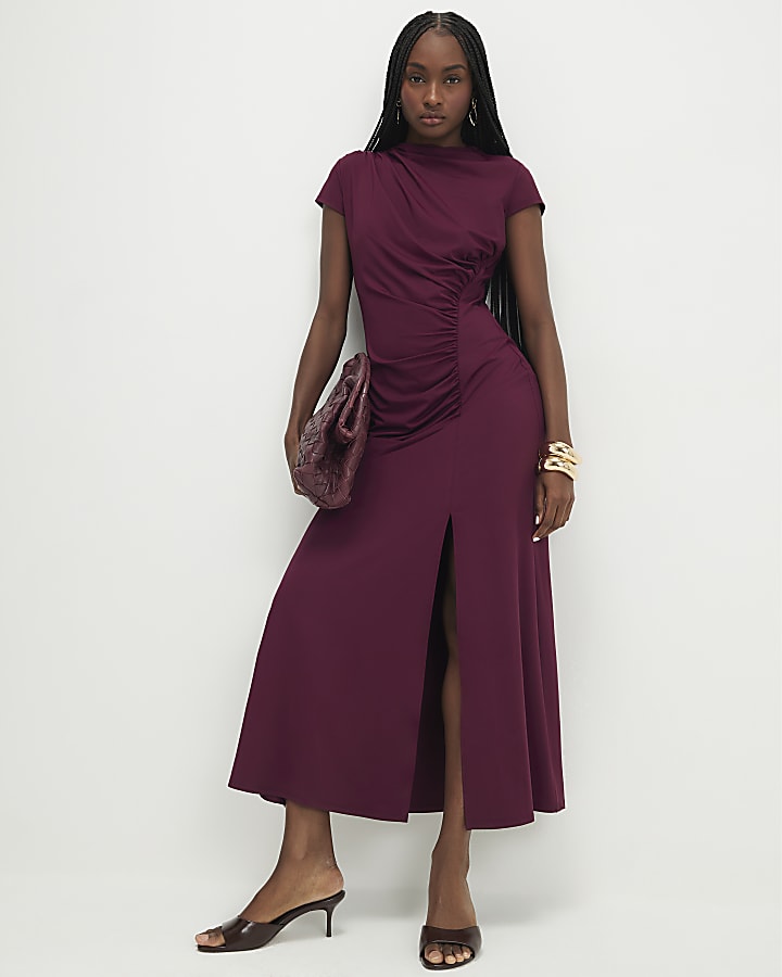 Purple Short Sleeve High Neck Maxi Dress