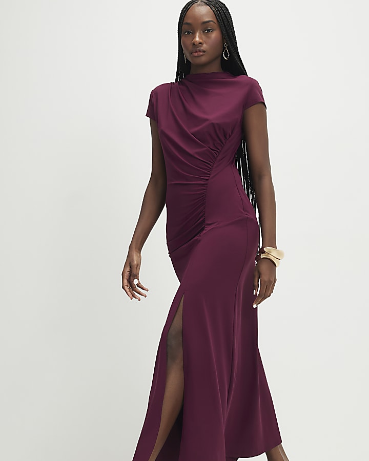 Purple Short Sleeve High Neck Maxi Dress