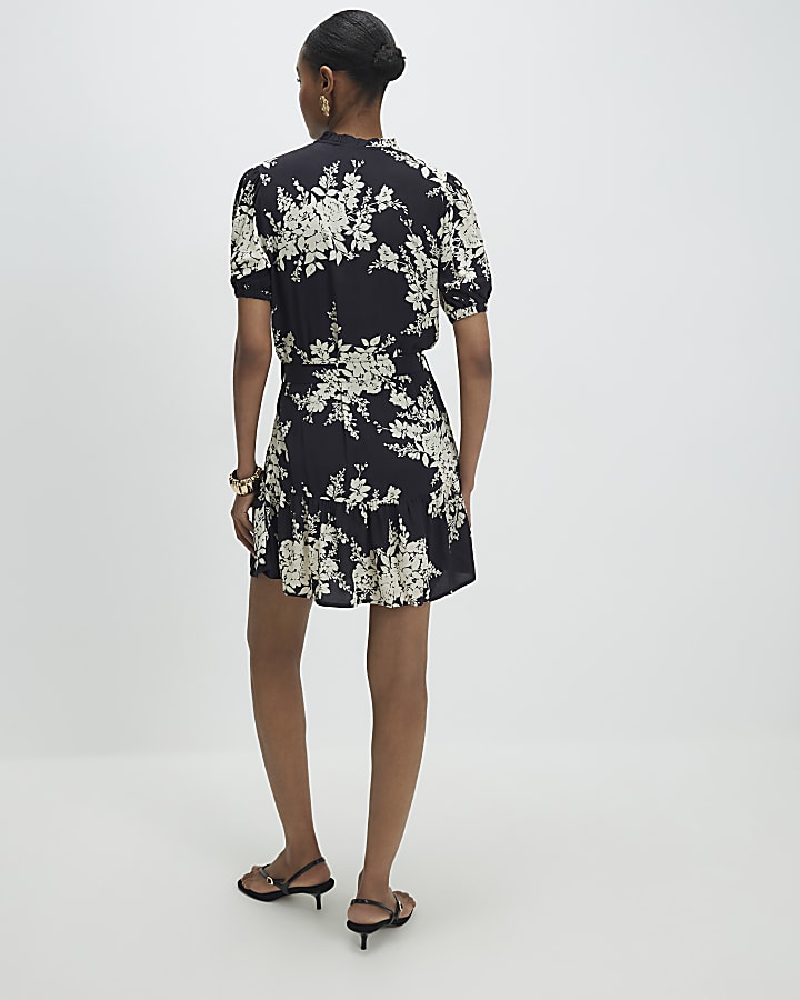 Black Floral Short Sleeve Belted Mini Dress