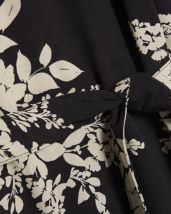 Black Floral Short Sleeve Belted Mini Dress