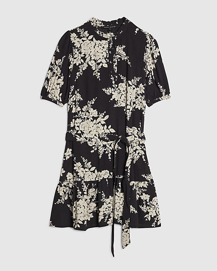 Black Floral Short Sleeve Belted Mini Dress