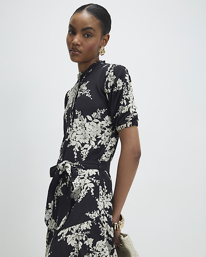 Black Floral Short Sleeve Belted Mini Dress