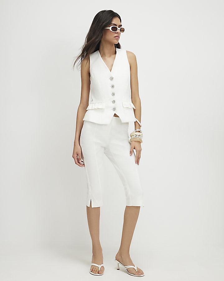 White Cotton Sateen Capri Trousers