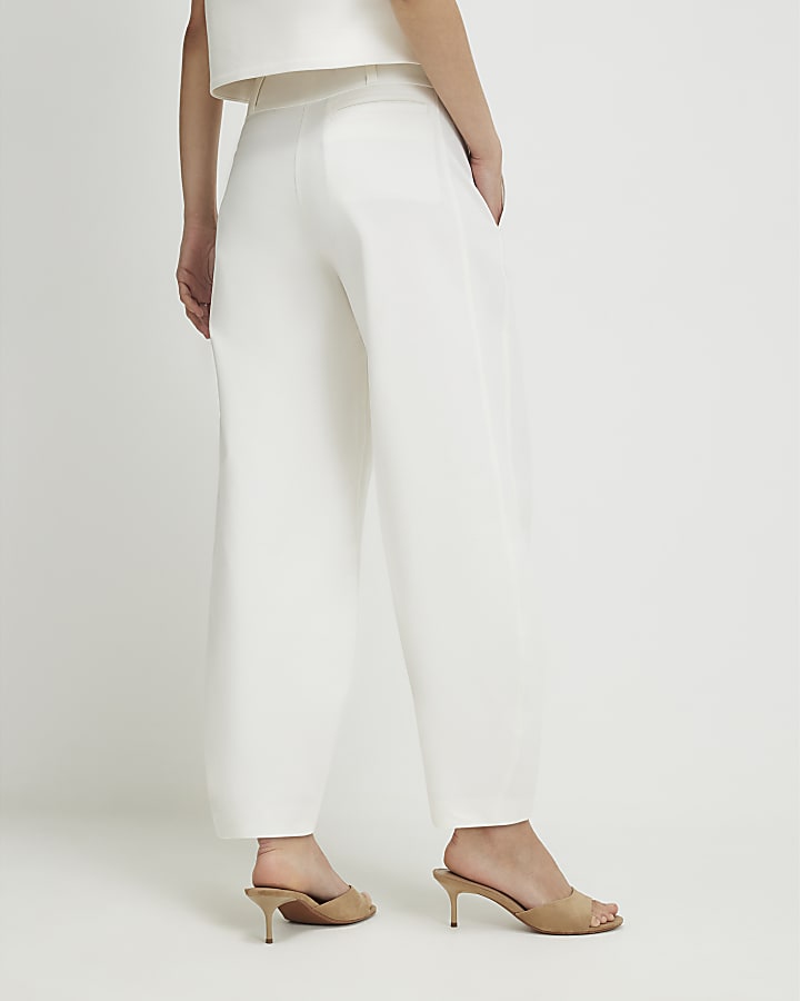 White Cotton Sateen Barrel Leg Trousers
