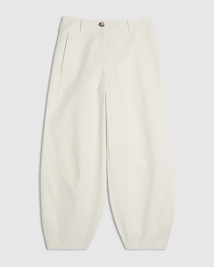 White Cotton Sateen Barrel Leg Trousers