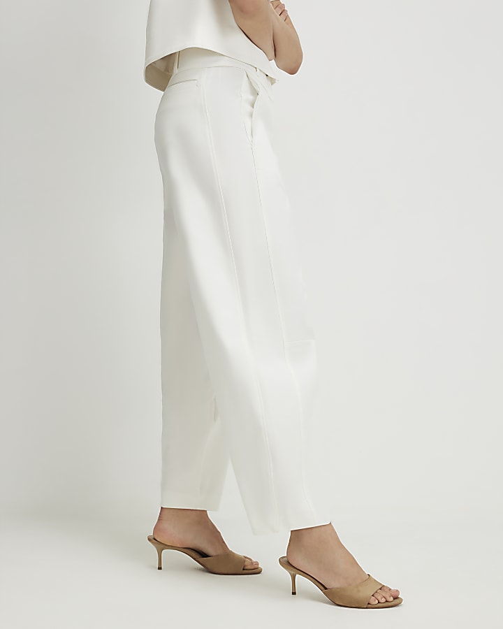 White Cotton Sateen Barrel Leg Trousers
