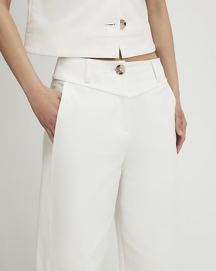 White Cotton Sateen Barrel Leg Trousers