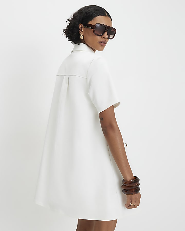 White Cotton Blend Mini Shirt Dress