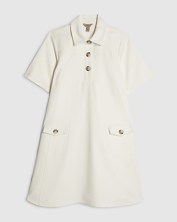 White Cotton Blend Mini Shirt Dress