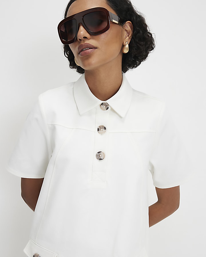 White Cotton Blend Mini Shirt Dress