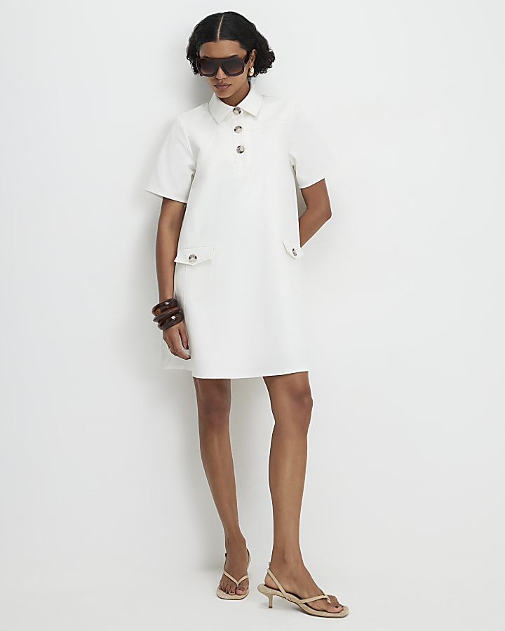 White Cotton Blend Mini Shirt Dress