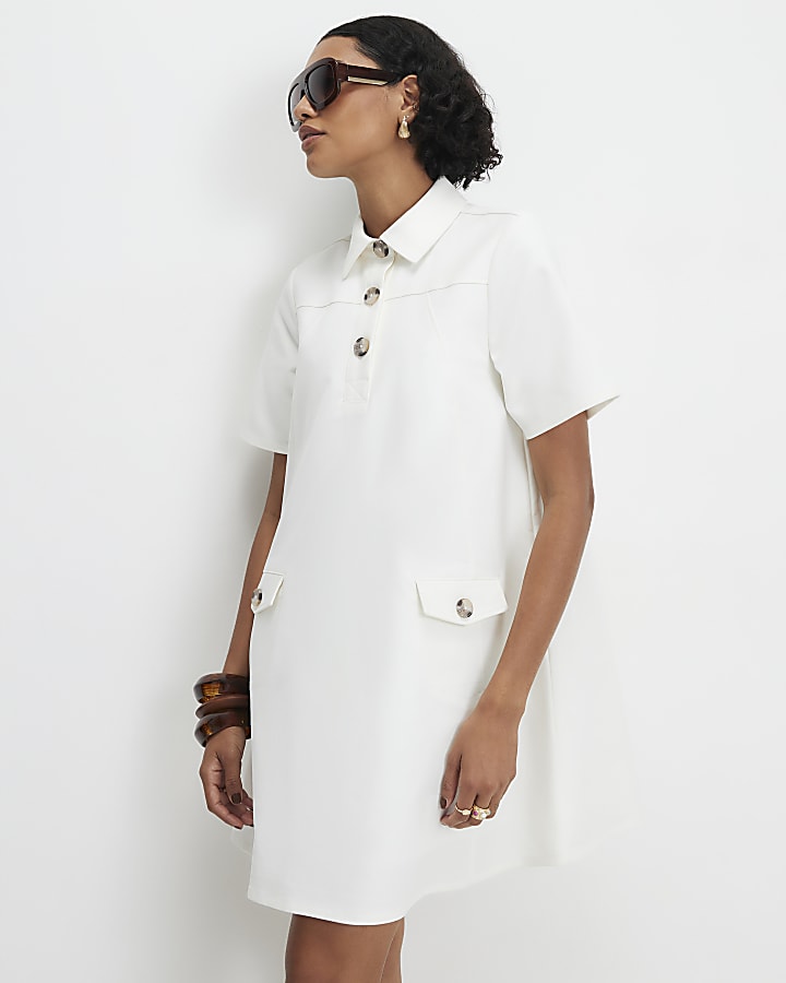 White Cotton Blend Mini Shirt Dress