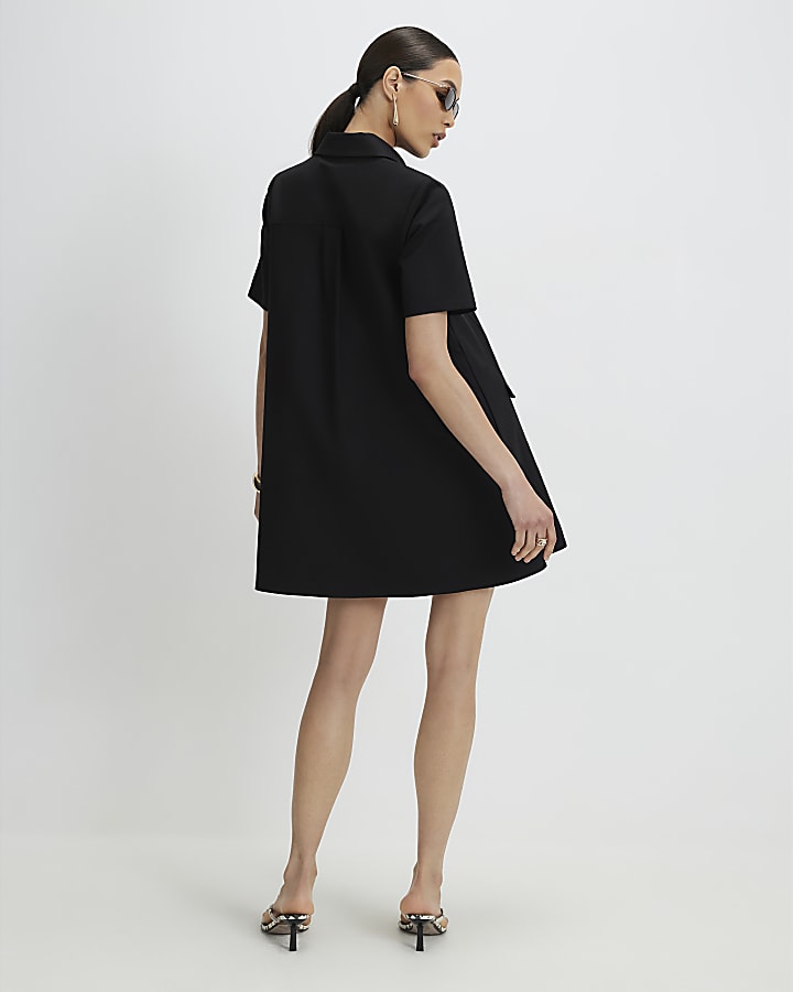 Black Cotton Blend Mini Shirt Dress