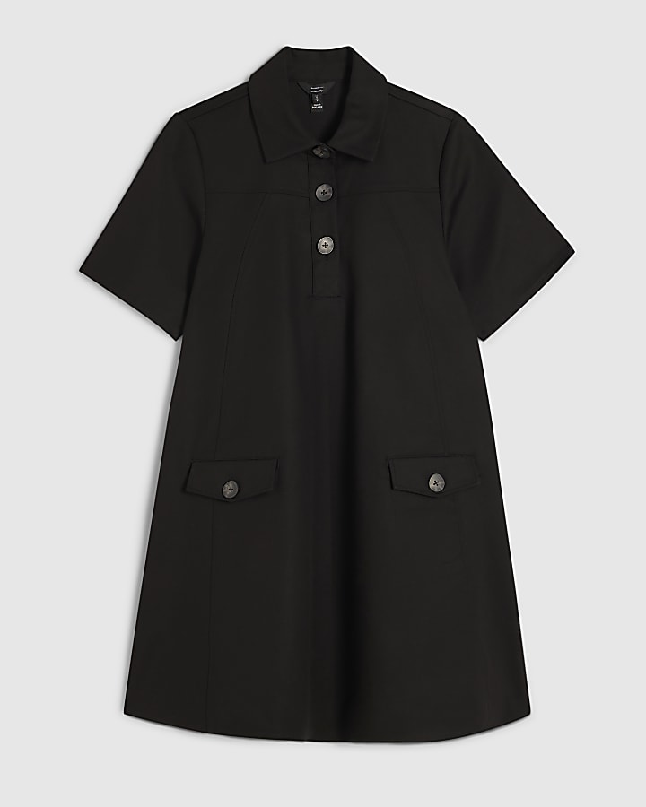 Black Cotton Blend Mini Shirt Dress