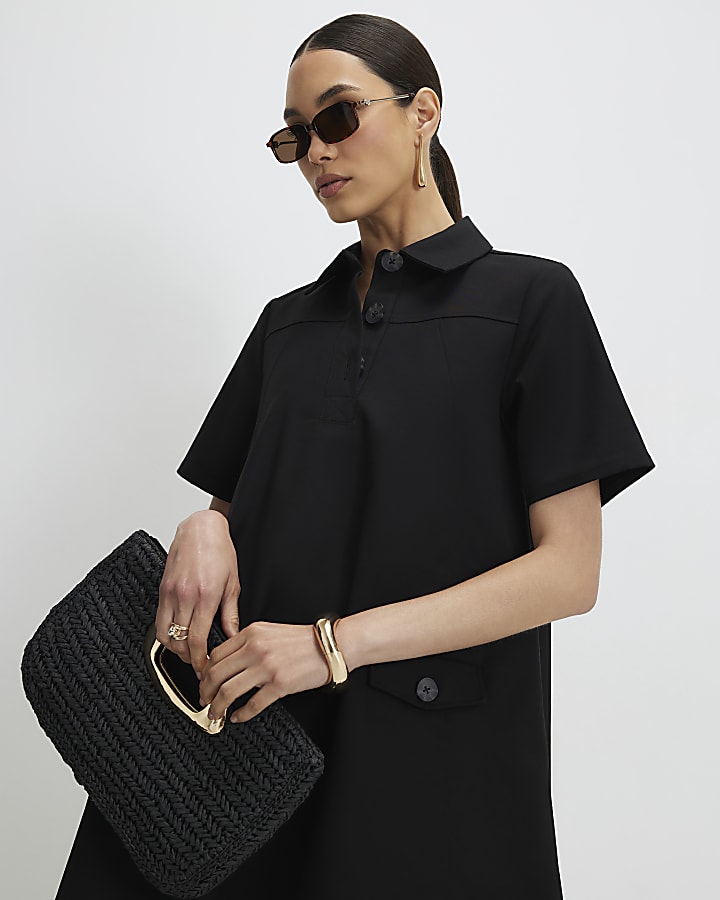 Black Cotton Blend Mini Shirt Dress