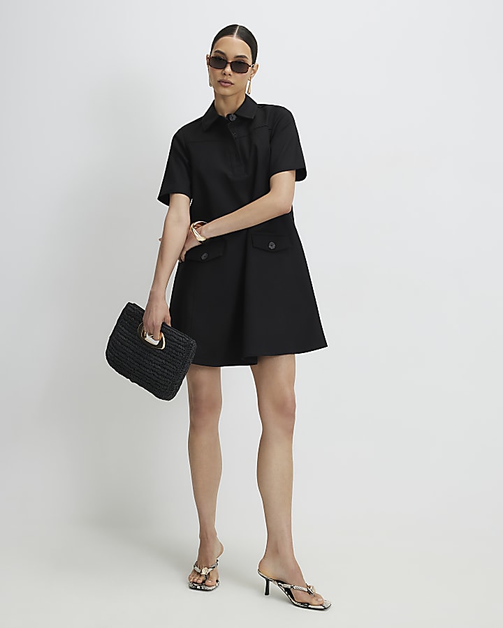 Black Cotton Blend Mini Shirt Dress