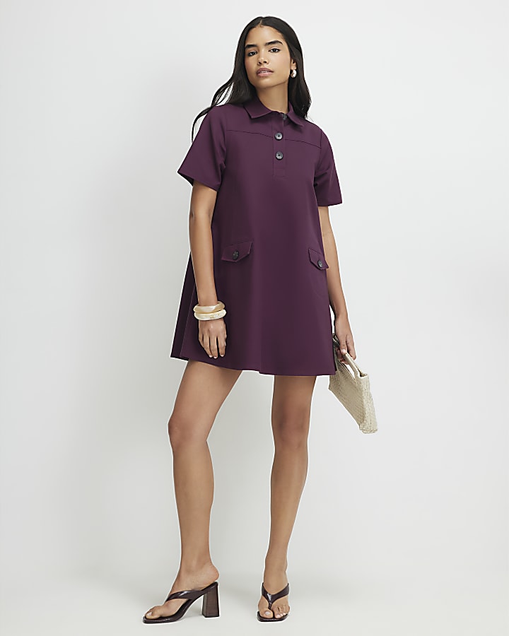 Purple Cotton Sateen Mini Shirt Dress