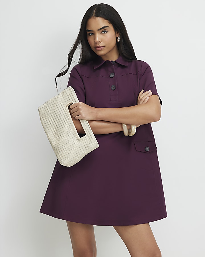 Purple Cotton Sateen Mini Shirt Dress