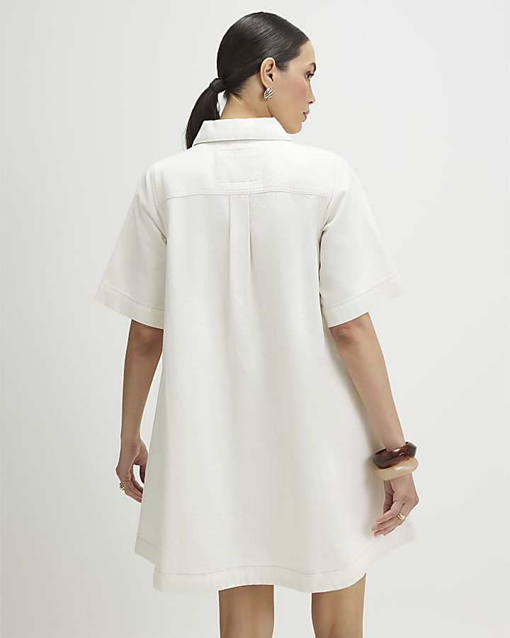 Cream Button Through Denim Dress