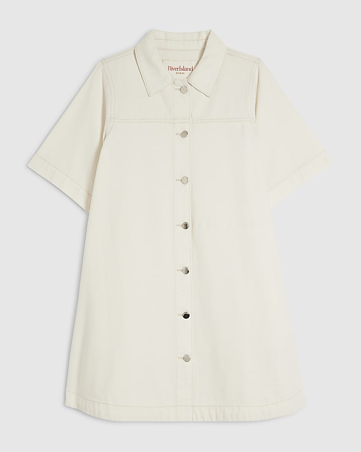 Cream Button Through Denim Dress