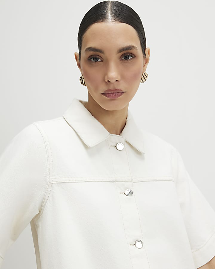 Cream Button Through Denim Dress