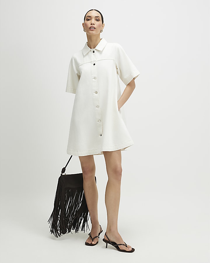 Cream Button Through Denim Dress