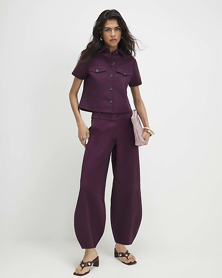 Red Cotton Sateen Barrel Leg Trousers