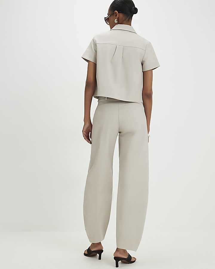 Beige Cotton Sateen Barrel Leg Trousers