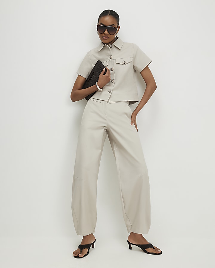 Beige Cotton Sateen Barrel Leg Trousers