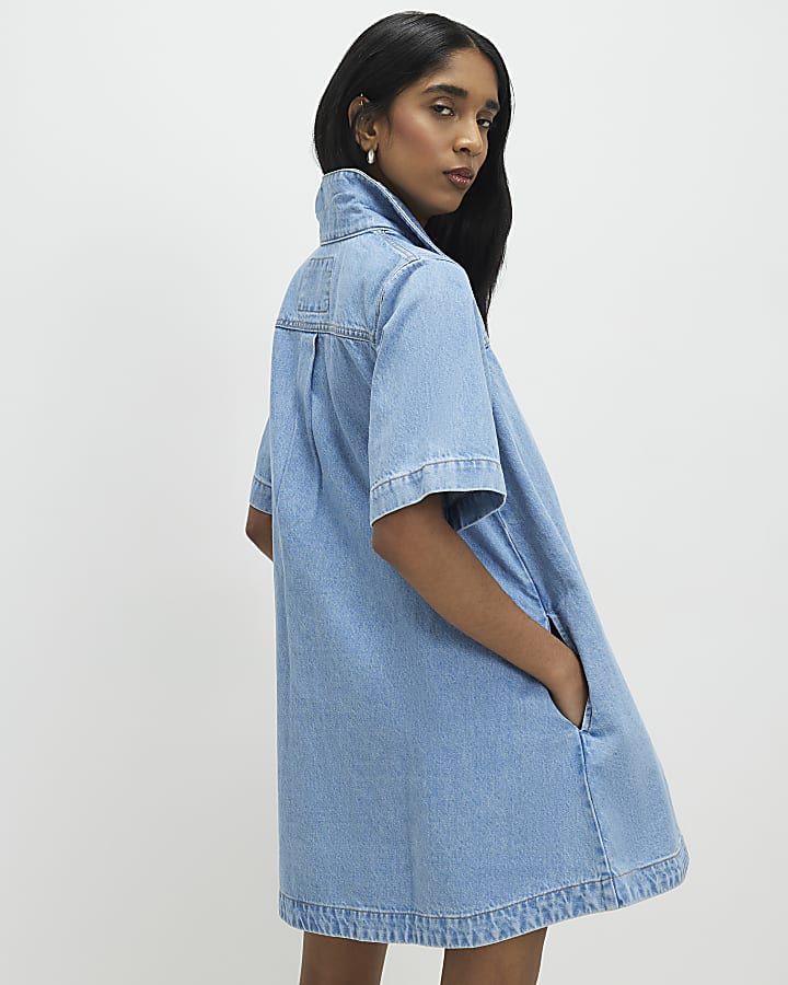 Blue Denim Short Sleeve Button Through Dress