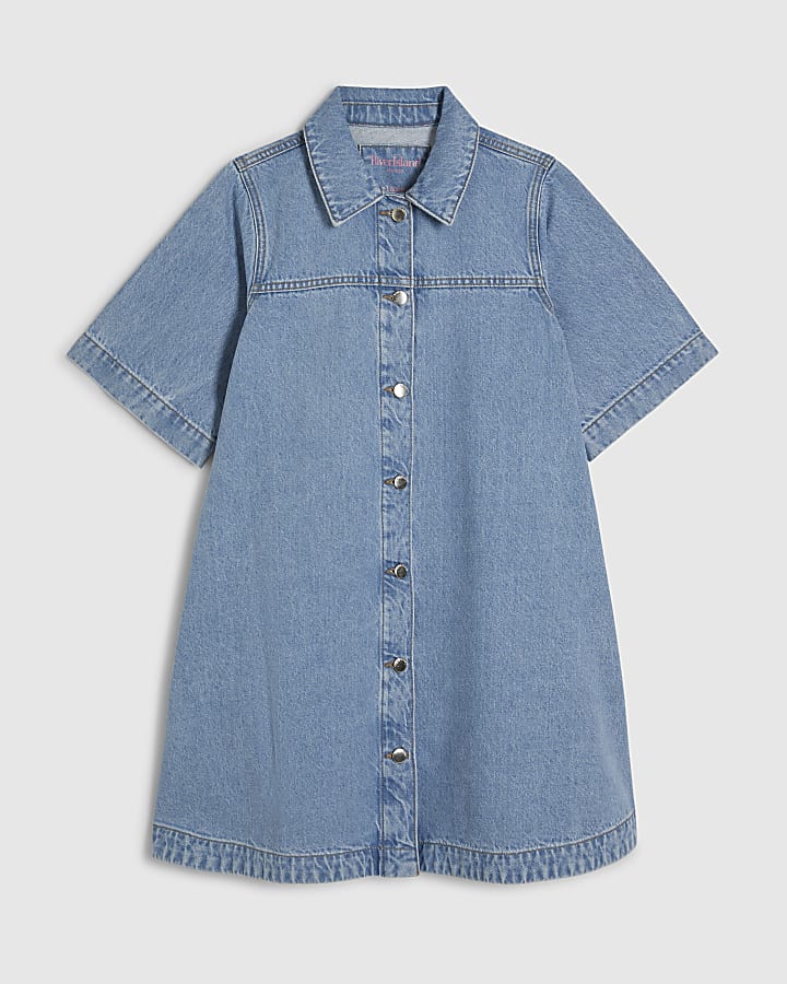 Blue Denim Short Sleeve Button Through Dress
