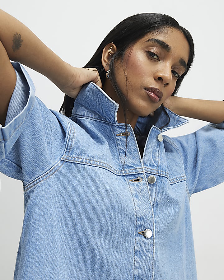 Blue Denim Short Sleeve Button Through Dress