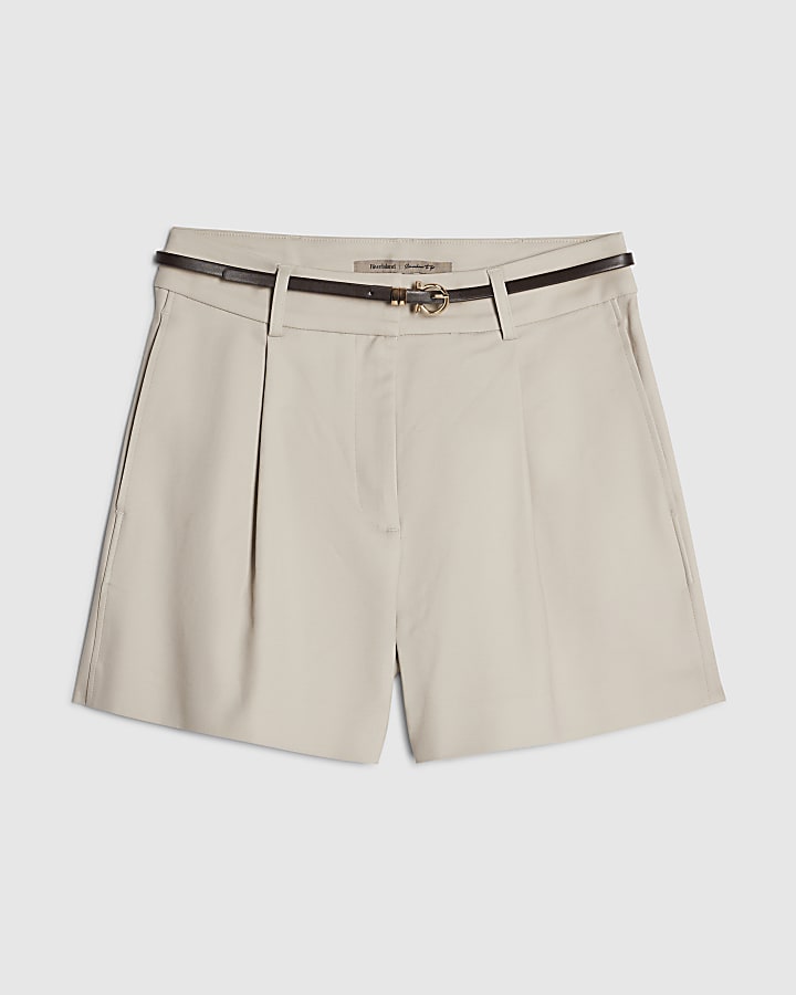 Beige Belted Tailored Shorts