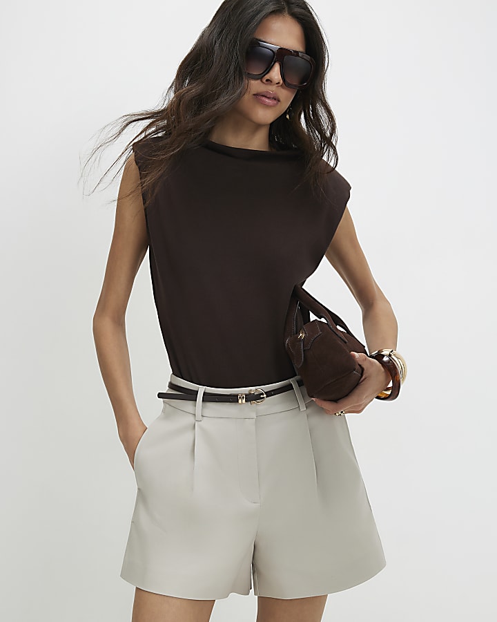 Beige Belted Tailored Shorts