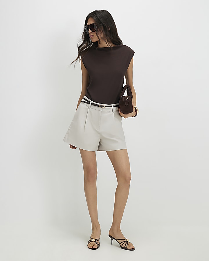 Beige Belted Tailored Shorts