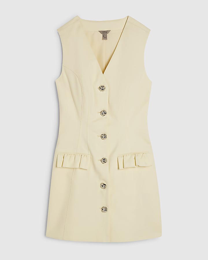 Yellow Cotton Blend Frill Pocket Mini Dress
