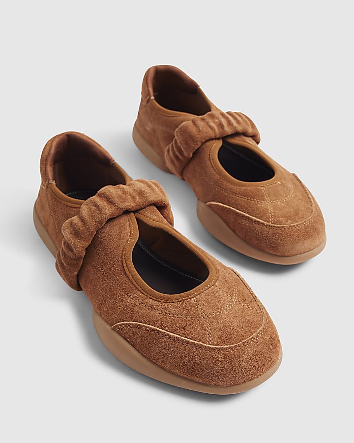 Brown Suede Ruched Sneakerina Ballet Trainers