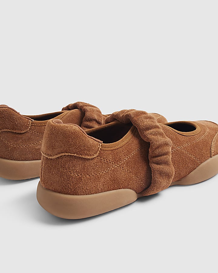 Brown Suede Ruched Sneakerina Ballet Trainers