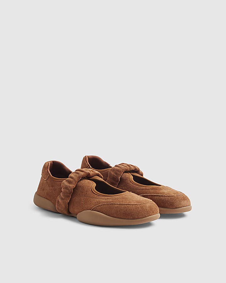 Brown Suede Ruched Sneakerina Ballet Trainers