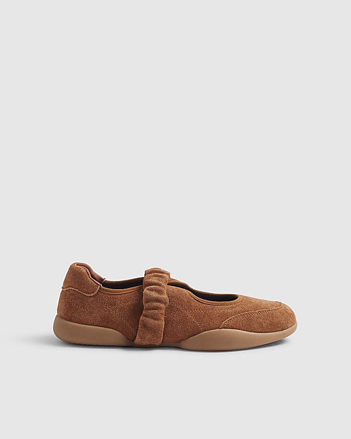 Brown Suede Ruched Sneakerina Ballet Trainers