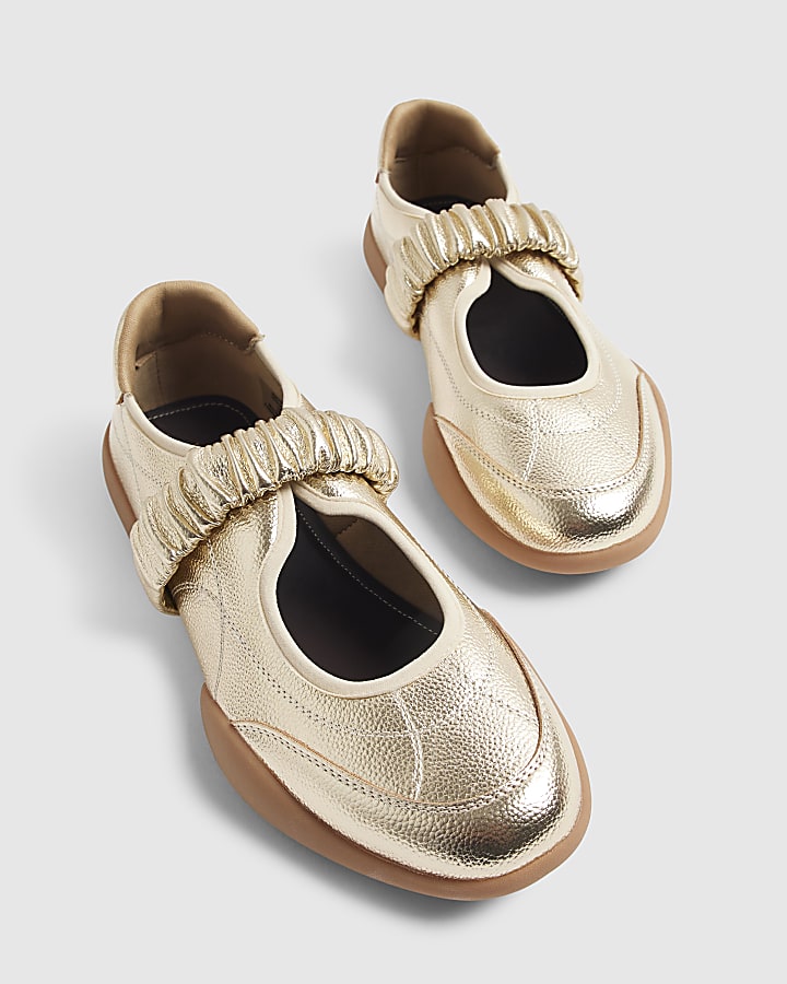 Gold Ruched Strap Sneakerina Ballet Trainers