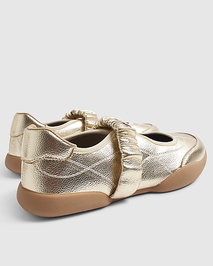Gold Ruched Strap Sneakerina Ballet Trainers