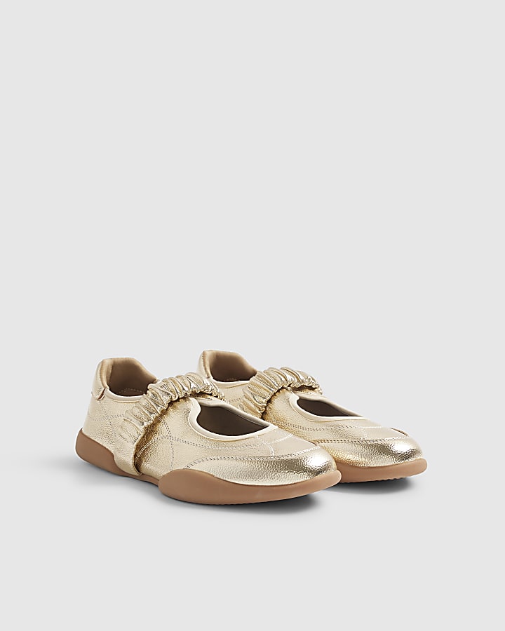 Gold Ruched Strap Sneakerina Ballet Trainers