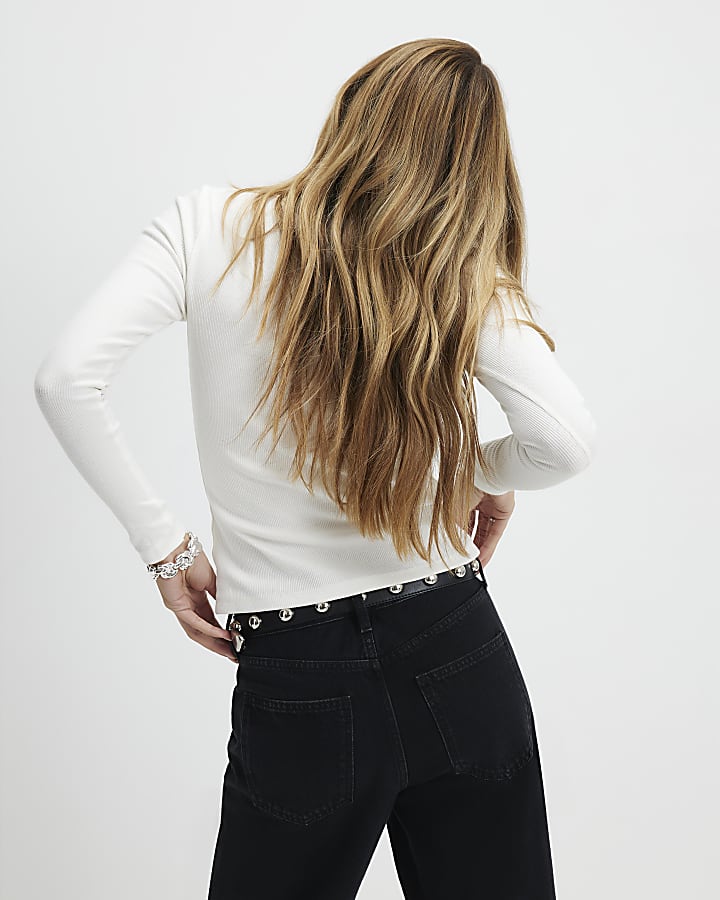 Cream Long Sleeve Iconic Check Fitted T-Shirt