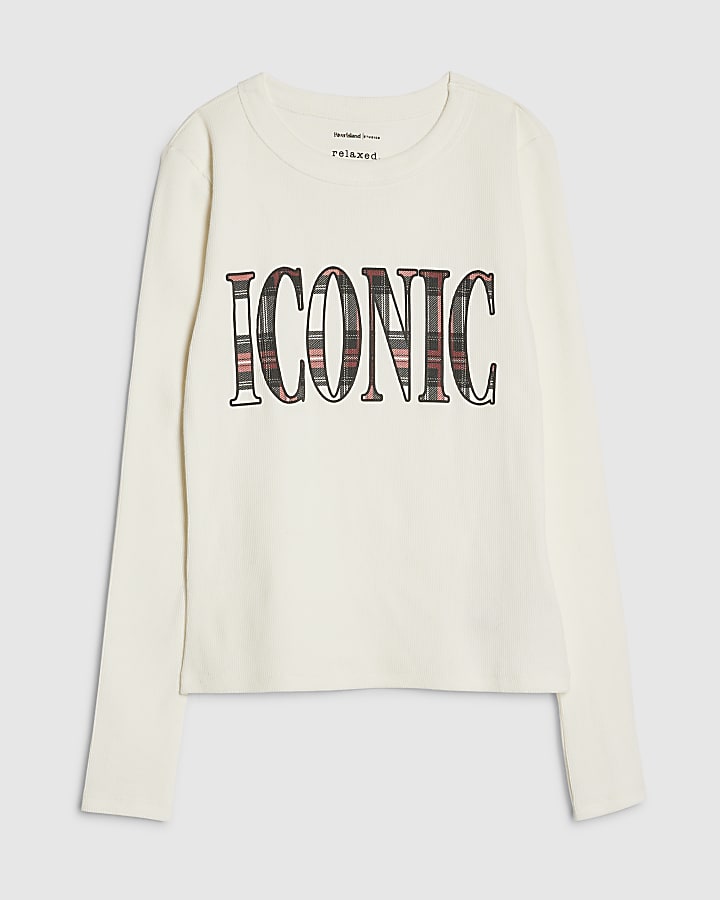 Cream Long Sleeve Iconic Check Fitted T-Shirt