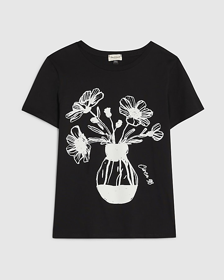 Black Short Sleeve Floral Sketch T-shirt